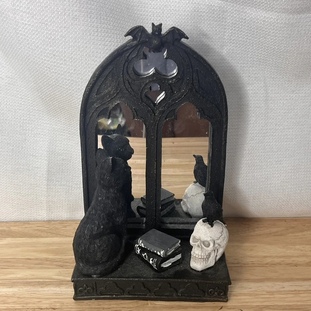 Spooky Halloween decor Magic Mirror Cat , Raven, and Skull Figurine 8.5in / 21cm